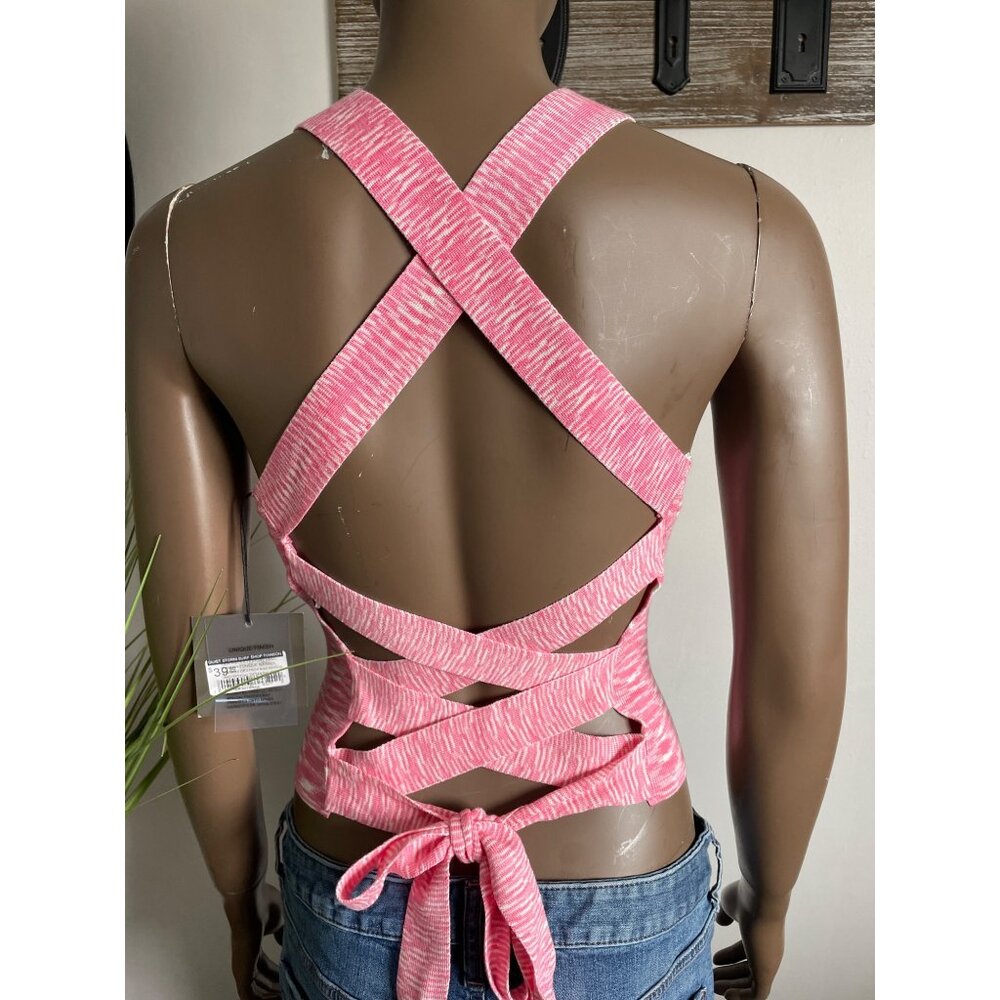 NWT LE LIS Ribbed Knit Pink & White Cropped Cami With Crisscross Back Size L